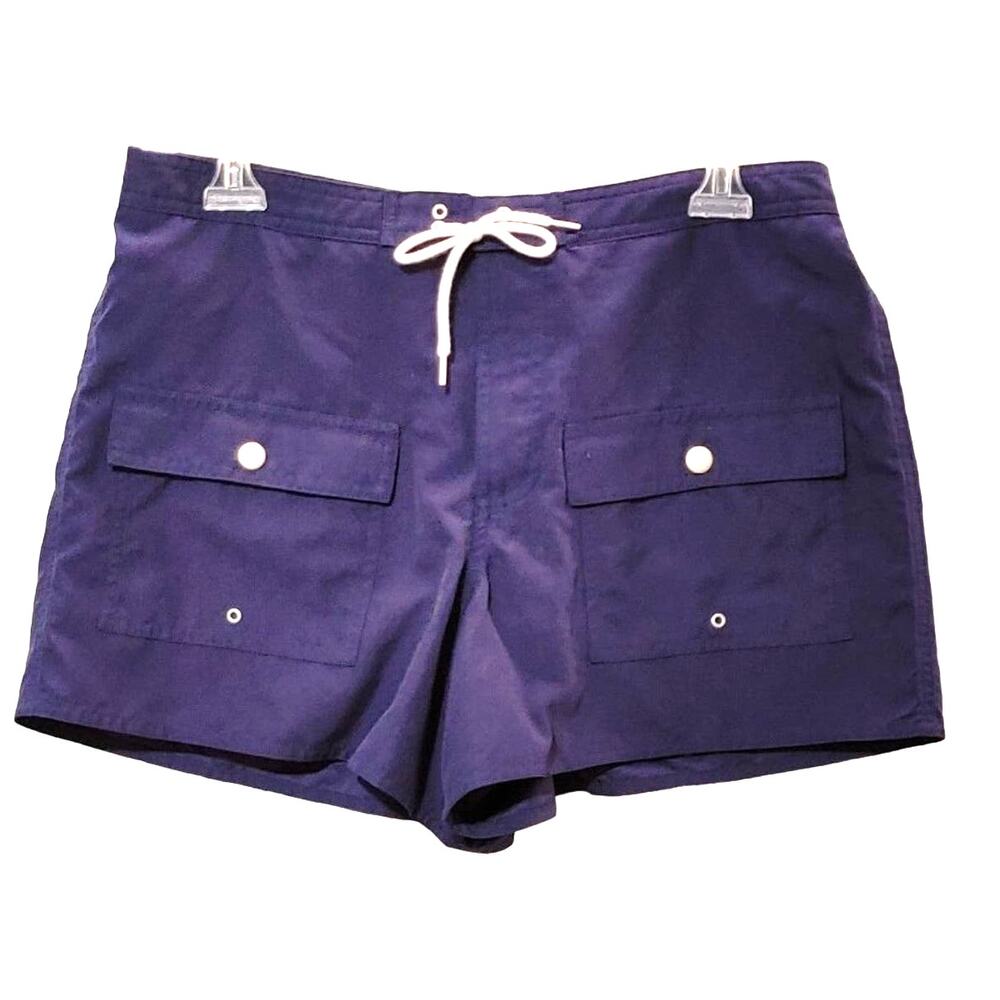 Tropical Escape Flap Pockets Swim Shorts Drawstring Elastic Waist Navy Womens 12